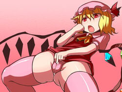 blonde_hair bow cameltoe dress flandre_scarlet hakika hat masturbation open_mouth panties pink_legwear pink_panties pink_thighhighs pussy_juice red_eyes short_hair simple_background solo the_embodiment_of_scarlet_devil thighhighs touhou underwear wet_panties