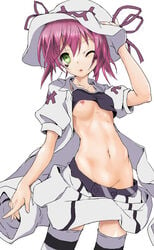 belt facial_mark facial_markings green_eyes hat jacket merry_nightmare midriff miniskirt navel nipple_slip nipples no_panties open_clothes open_jacket pink_hair purple_hair shiny shiny_skin shirt_lift short_hair simple_background skirt solo striped striped_legwear striped_thighhighs thighhighs wardrobe_malfunction wink yumekui_merry zettai_ryouiki