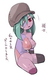 :< amputee artist_request bandage bandages bangs breasts cabbie_hat green_hair large_breasts long_hair masha nipples nude open_mouth puffy_nipples quadruple_amputee red_eyes scar simple_background sitting stitches translated