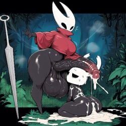 1boy 1futa abs after_sex ai_generated bottomless cum cum_from_ass cumdrip defeated_heroine excessive_cum futa_on_male futanari hollow hollow_knight hollow_knight_(character) hornet_(hollow_knight) huge_balls huge_cock male overflow overflowing_cum penis_on_head pixel_art size_difference sudospritez trees