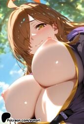 ahoge ai_generated blue_sky blurry blurry_background blurry_foreground blush breasts breasts_outside brown_hair cloud day depth_of_field female hair_over_one_eye kono_subarashii_sekai_ni_shukufuku_wo! large_breasts long_hair looking_at_viewer nipples outdoors sky solo sunori tree wiz_(konosuba)