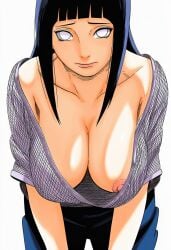 1girls accurate_art_style accurate_body_type ai_generated areola areola_slip areolae bent_over big_breasts black_hair body_blush breast_focus breasts cel_shading clavicle cleavage clothed clothing collarbone downblouse exposed_breasts female female_focus female_only fishnets front_view hanging_breasts high_resolution highres hyuuga_hinata large_breasts leaning_forward light-skinned_female light_skin line_art long_hair looking_at_viewer manga_style masashi_kishimoto_style naruto naruto_(series) naruto_shippuden nipple_slip nipples no_bra no_pupils open_clothes pants partially_unzipped pink_nipples shiny_skin simple_background smile solo solo_female solo_focus upper_body white_background white_eyes zipper_pull_tab ㅇㅇ