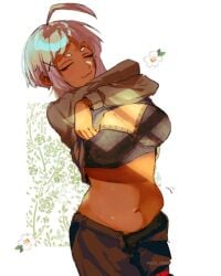 1girls :3 aya_(limbus_company) belly belly_bulge belly_button big_breasts bra breasts eyes_closed female female_focus female_only female_torso flower lets_lam3nt lifting_shirt limbus_company project_moon shirt shirt_lift shirt_up solo solo_female solo_focus tagme thick tummy tummy_bulge unbuttoned_pants undressing white_hair