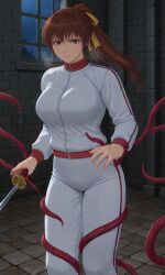 ai_generated big_breasts clothed_breasts dead_or_alive dungeon heavy_breathing horror kasumi_(doa) kunoichi night ninja ninja_gaiden ponytail restrained restrained_by_tentacles solo_focus steam struggling sword tentacle track_jacket track_pants track_suit weapon window xvidart