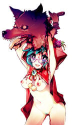 big_bad_wolf big_bad_wolf_(grimm) blood blue_eyes blue_hair breasts glasses gore grimm's_fairy_tales guro large_breasts little_red_riding_hood little_red_riding_hood_(character) little_red_riding_hood_(grimm) naked_cape nipples pubic_hair severed_head