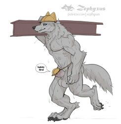 2025 animal_genitalia anthro armor balls big_balls biped blue_eyes bodily_fluids canid canine canis claws digital_media_(artwork) english_text finger_claws fur genitals grey_balls grey_body grey_fur grey_sheath hard_hat headgear headgear_only helmet helmet_only humor male male_anthro mammal muscular muscular_anthro muscular_male paws sheath solo speech_bubble steel_beam sweat text toe_claws walking wolf worker zephyxus