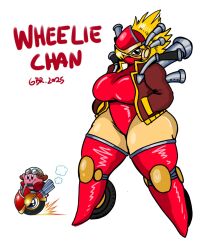 1girls exhaust_pipe female female_only gameboyred gijinka jacket kirby kirby_(series) kirby_air_ride kirby_air_riders machine machine_girl maroon_clothing red_clothing red_helmet reference reference_image robot robot_girl robot_humanoid wheel wheel_feet wheelie_(kirby) wheelie_bike wheelie_rider_kirby white_background yellow_hair