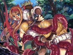 ambiguous_penetration arrow blonde_hair blue_eyes blush bow_(weapon) breasts covered_penetration cum dress fingerless_gloves gloves highres implied_penetration implied_sex large_breasts long_hair open_mouth ragnarok_online rape sex_under_clothes sex_under_dress sniper_(ragnarok_online) tear tentacle tentacle_under_clothes tentacle_under_dress tentacles_under_clothes weapon xration