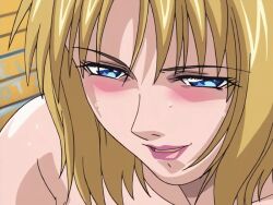 00s 1futa 2001 animated anime_screenshot bare_shoulders bible_black bible_black_night_of_the_walpulgiss blonde_hair blue_eyes blush collarbone cross female grin implied_futanari implied_sex jewelry kitami_reika lipstick makeup nurse school_nurse short_hair smile tagme witch