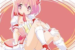 blush bow breasts choker female gloves hairbow human madoka_kaname magical_girl mahou_shoujo_madoka_magica mouth_hold nipples panties pink_eyes pink_hair ribbon ribbon_in_mouth shirt_pull short_hair short_twintails side_ponytail smile tetsujin_momoko underwear white_panties