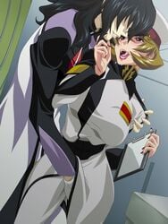 black_hair blonde_hair female fingering gilbert_durandal gundam gundam_seed gundam_seed_destiny licking_lips lips lipstick long_hair lost_rarities military military_uniform naughty_face open_mouth saliva short_hair takapiko talia_gladys teeth tongue uniform