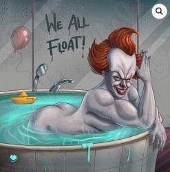 alien alien_humanoid balloon bath bathroom bathtub big_butt clown clown_boy gay gay_as_fuck it it_(stephen_king) meme muscular_male naked_male no_genitals_shown paper_boat pennywise pennywise_the_dancing_clown romantic satire the_werkroom unknown_species we_all_float what what_is_this what_is_this_shit