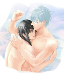 2boys bishonen black_hair class_3-z embrace gay gintama gintoki_sakata glasses katsura_kotarou kesano_omisoshiru long_hair_male looking_at_another lying_on_person male male_only nude on_back on_bed on_stomach silver_hair teacher teacher_and_student upper_body wholesome yaoi