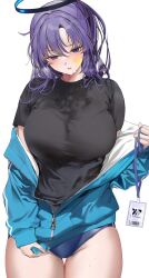 bangs big_breasts black_shirt bloomers blue_archive blue_eyes blue_hair blue_jacket blush breasts buruma check_commentary commentary commentary_request cowboy_shot curvy female gym_uniform halo highres holding hourglass_figure huge_breasts jacket lanyard large_breasts long_hair looking_at_viewer marushin_(denwa0214) millennium_science_school_logo_(blue_archive) millennium_science_school_student official_alternate_costume parted_lips partially_unzipped seminar_(blue_archive) shirt short_sleeves shorts simple_background solo student_id sweat thick_thighs thigh_gap undressing voluptuous wet wet_clothes wet_shirt white_background yuuka_(blue_archive) yuuka_(gym_uniform)_(blue_archive)