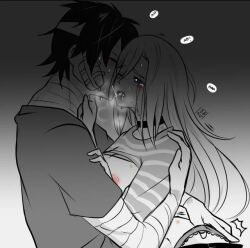 1boy 1boy1girl 1girls angels_of_death bandage bite_mark blush breasts_out choker eyes_closed female heavy_breathing hickey_marks implied_penetration implied_sex issac_foster long_hair male one_eye_closed rachel_gardner saliva_string satsuriku_no_tenshi shirt_lift simple_background speech_bubble straight sweat sweatdrop text