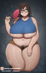 bbw belly blizzard_entertainment blue_eyes crop_top eyewear fan fat female glass glasses handheld_fan huge_breasts mei_(overwatch) mmmmmkun on_knees overwatch overweight overweight_female plump pubic_hair pubic_hair_peek shorts smile sweat sweating sweaty thick_thighs unbuttoned_shorts underboob