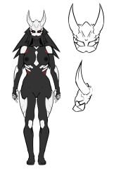 anthrofied becsantus black_body black_hair bone_armor bones commission exoskeleton female gills grimm_(rwby) horns kneepads mask monster monster_girl red_eyes reference_sheet ribs rule_63 rwby shoulder_pads skull skull_mask spiked_hair standing