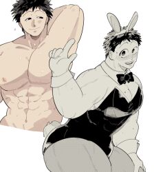 bara big_pecs black_hair blush bowtie bunny_boy bunny_ears bunny_tail bunnysuit detached_collar dgz_0 feminine_faced_male hayami_masaki inverted_nipples kengan_(series) kengan_omega looking_at_viewer male male_only multiple_scenes muscular muscular_male muscular_thighs pecs smile solo sweat thick_thighs topless topless_male wrist_cuffs