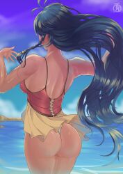 1girls adjusting_hair alternate_costume alternate_hairstyle artist_name ass ass_focus back back_view backboob bare_back bare_shoulders bare_thighs big_ass blue_eyes blue_hair braid breasts commentary cowboy_shot english_commentary female female_only fire_emblem fire_emblem:_the_sacred_stones fire_emblem_heroes floating_hair hair_down highres long_hair looking_away medium_breasts nintendo ocean official_alternate_costume one-piece_swimsuit outdoors partially_submerged ponytail revolverwingstudios sideboob sleeveless solo swimsuit tana_(fire_emblem) tana_(summer)_(fire_emblem) thighs thong twin_braids very_long_hair water wind