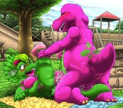 2019 3_toes 4_fingers anthro anthro_on_anthro anthro_penetrated anthro_penetrating anthro_penetrating_anthro anus baby_bop balls barney_and_friends barney_the_dinosaur black_eyes blush bodily_fluids breasts clitoris closed_eyes clothing cloud colored cum cum_in_pussy cum_inside day detailed_background dinosaur duo ejaculating_cum ejaculation feet female female_penetrated fingers footwear footwear_only from_front_position genital_fluids genitals grass green_body green_hair green_scales hair happy happy_sex holding_both_legs holding_legs_up interspecies kitsune_youkai kneeling looking_at_another looking_at_partner male male/female male_penetrating male_penetrating_female mostly_nude multicolored_body multicolored_scales nature nipples nude open_mouth orgasm orgasm_face outside outside_sex penetration penile penile_penetration penis penis_in_pussy pink_body pink_clothing pink_footwear pink_scales pink_shoes plant playground pussy pussy_juice raised_tail reptile scales scalie sex shaded shoes shoes_only sky spots spotted_body tail_between_legs teeth toes tongue towel tree vaginal_penetration vaginal_penetration victory_position wall_(structure)