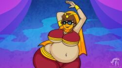 1girls armpits bbw belly_dancer belly_dancer_outfit big_breasts breasts brown_hair cleverfoxman fat female glasses overweight scooby-doo thick_thighs underboob veil velma_dinkley wide_hips