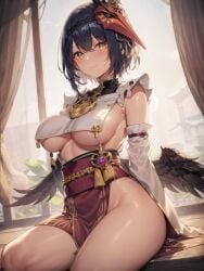 1girls ai_generated black_hair breasts curvy female genshin_impact kujou_sara nai_diffusion short_hair stable_diffusion tengu tengu_mask underboob wings yellow_eyes