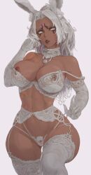 2022 2d absurd_res areola_slip areolae breasts bunny_ears bunny_girl curvy dark-skinned_female dark_skin final_fantasy final_fantasy_xiv garter_belt garter_straps gloves kuromoro lace lingerie long_hair looking_at_viewer muscular muscular_female navel navel_piercing nipple_piercing nipple_piercings nipple_ring nipple_rings nipple_slip nipples open_mouth original original_character panties piercing piercings pubic_hair pubic_tuft rabbit_ears scar see-through see-through_bra silver_eyes silver_hair simple_background solia thick_thighs thigh_gap thighhighs underwear viera white_background white_eyes white_hair white_pubic_hair