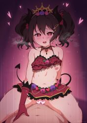 1boy armpit_crease bare_shoulders black_choker black_hair black_horns blurry blurry_background blush bow bra breasts censored choker collarbone covering covering_one_breast cowgirl_position demon_horns demon_tail demon_wings feet_out_of_frame female flower flower_skirt frills gloves hair_between_eyes hair_flower hair_ornament hairbow hairclip hand_on_another's_chest heart heart-shaped_pupils heart_censor highres horns love_live! microskirt midriff motion_lines navel one_breast_out open_mouth petite pink_background polka_dot polka_dot_bra pussy red_bra red_eyes red_gloves red_skirt sex skirt small_breasts spread_legs stomach straddling symbol-shaped_pupils tail thick_thighs thighs tiara twintails underwear unsfrau vaginal_penetration wing_hair_ornament wings yazawa_nico young