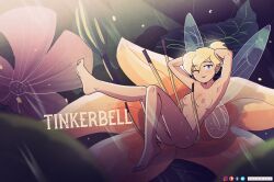 1girls blonde_hair breasts disney fairy female kt-draws minigirl nipples nude peter_pan_(disney) pussy pussy_peek solo tinker_bell