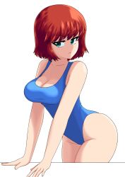 adrianarzola ass blue_one-piece_swimsuit blue_swimsuit bob_cut breasts cleavage female freckles green_eyes kim_pine leaning_forward looking_at_viewer one-piece_swimsuit red_hair scott_pilgrim short_red_hair swimsuit swimwear