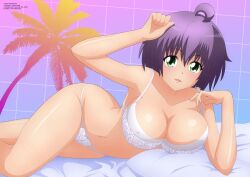 1girls arm_support arm_up big_breasts bra breasts busty cleavage female female_only green_eyes hi_res large_breasts legs looking_at_viewer lying navel open_mouth original panties purple_hair short_hair smile solo thighs underwear voluptuous white_bra white_panties yukino_akaihi yukino_memories zel-sama