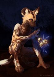 african_wild_dog anthro apple canid canine crouching dramatic_lighting everruler eyewear fur genitals glasses hi_res male mammal multicolored_body multicolored_fur penis round_ears round_glasses solo