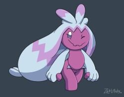 2022 anthro dekanuchan digital_media_(artwork) female feral generation_9_pokemon genitals hair hi_res humanoid leaked_pokemon looking_at_viewer nintendo nude one_eye_closed pink_body pink_hair pokemon pokemon_(species) pokemon_sv pussy smile solo tinkaton video_games white_hair wink winking_at_viewer zeklullaby