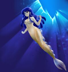 1girls blue_eyes blue_hair female female_only fish_tail hair jpeg long_hair mana_(mermaid_saga) mermaid mermaid_forest mermaid_saga mermaid_tail mermaid_transformation monster_girl solo takahashi_rumiko underwater water yellow_tail