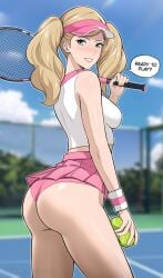 1girls ann_takamaki ass atlus blonde_hair breasts bubble_butt cute dialogue english_text female female_focus green_eyes hat large_ass large_breasts lepypepy light-skinned_female long_hair outdoors panties persona persona_5 short_skirt skirt smile sportswear tennis_ball tennis_court tennis_outfit tennis_racket tennis_uniform text thighs twintails visor