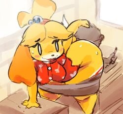 2d ambiguous_gender animal_crossing anthro ass bent_over big_butt blonde_hair bottomwear breasts canid canine canis clothed clothing domestic_dog dress_shirt duo face_in_ass female hair hand_on_head head_between_cheeks huge_thighs human isabelle_(animal_crossing) kiseff mammal nintendo office_lady panties panties_down partially_clothed shih_tzu shirt skirt skirt_down smile thick_thighs topwear toy_dog underwear underwear_down video_games villager_(animal_crossing) white_eyes yellow_body