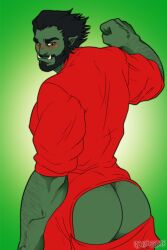 1boy ass ass_out beard beefy black_hair body_hair brown_eyes facial_hair green_skin hairy_arms humanoid kagami06 male male_only masculine muscular_male orc orc_male pointy_ears tusks union_suit veiny_arms