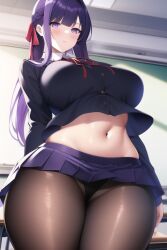 1girls ai_generated breasts classroom fate/stay_night fate_(series) female hips huge_breasts indoors large_breasts long_hair matou_sakura nai_diffusion panties pantyhose purple_eyes purple_hair school_uniform schoolgirl slim_waist stable_diffusion thick_thighs thighs tights wide_hips