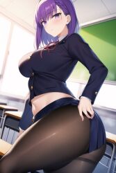 1girls ai_generated breasts classroom fate/stay_night fate_(series) female hips huge_breasts indoors large_breasts long_hair matou_sakura nai_diffusion panties pantyhose purple_eyes purple_hair school_uniform schoolgirl slim_waist stable_diffusion thick_thighs thighs tights wide_hips