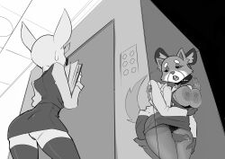 1boy 2020 2girls absurd_res against_surface against_wall aggressive_retsuko ailurid animal_genitalia animal_penis anthro anthro_on_anthro areola arm_grab big_areola big_breasts big_nipples black_sclera bodily_fluids bottomwear bottomwear_down breasts canid canine cheek_tuft clothed clothed_sex clothing digital_media_(artwork) dress_shirt dutch_angle ear_tuft eduardo_squidwardo elevator eyebrows eyelashes facial_tuft female fennec fenneko fishnet fishnet_legwear folder fox from_behind_position fur fur_tuft genital_fluids genitals glistening glistening_clothing glistening_eyes glistening_legwear glistening_thigh_highs greyscale group haida half-closed_eyes hand_on_wall hi_res holding_folder holding_object huge_areola hyaenid inner_ear_fluff inside leg_grab legwear looking_pleasured male male/female mammal monochrome multicolored_body multicolored_fur narrowed_eyes nipples office_clothing office_lady open_mouth panties pants pants_down partially_clothed penis precum prick_ears red_panda retsuko sanrio sex sharp_teeth shirt smooth_fur spotted_hyena standing standing_sex sweat sweatdrop sweaty_breasts teeth thesquiddycipher thick_eyebrows thick_thighs thigh_grab thigh_highs thigh_sex tongue topwear translucent trio tuft two_tone_body two_tone_fur underwear upskirt vest white_eyebrows wide_hips