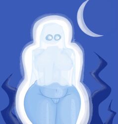 1girls arms_behind_back bedsheet_ghost big_breasts bottomless female ghost ghost_girl halloween margret_(sspaziim) nipples_visible_through_clothing pussy sspaziim thick_thighs wide_hips