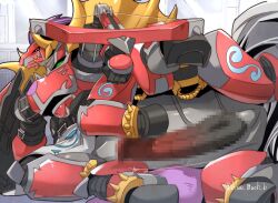 2022 armor arrow_(weapon) bandai_namco black_pupils blue_mach_b blush censored colored crest_of_destiny crests_(digimon) digimon digimon_(species) equid equine erection genitals hair kentaurosmon lying male mammal mosaic_censorship on_side penis pupils purple_hair ranged_weapon red_eyes royal_knights shield signature sleipmon solo taur weapon