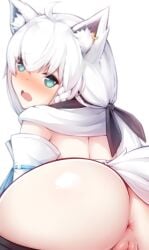 animal_humanoid anus ass blush canid canid_humanoid canine canine_humanoid female genitals hair hi_res hololive hololive_gamers hololive_gen_1 hololive_japan humanoid looking_at_viewer looking_back looking_back_at_viewer mammal mammal_humanoid merrytail pussy shirakami_fubuki solo virtual_youtuber white_hair