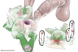 after_sex anthro anus balls biped blush bodily_fluids cum cum_in_ass cum_in_mouth cum_inside duo floragato gaping gaping_anus generation_9_pokemon genital_fluids genitals green_body half-erect heart hi_res human_on_pokemon leaking_cum male male/male male_only nintendo pawpads penis pink_eyes pokemon pokemon_(species) pokemon_sv rear_view simple_background sincastermon tears text url video_games white_background