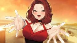 arms_out big_breasts big_breasts bracelet brown_hair cleavage find_love_or_die_trying grey_eyes looking_at_viewer official_art reaching_out reaching_towards_viewer red_dress scarlett_(find_love_or_die_trying) silver_bracelet smile visual_novel