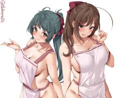 2girls ahoge apron blush breasts brown_eyes brown_hair closed_mouth collarbone ebifurya green_eyes green_hair groin hair_ornament hair_ribbon hairclip highres irako_(kantai_collection) kantai_collection large_breasts long_hair mamiya_(kantai_collection) mature_female milf multiple_girls naked_apron ponytail red_ribbon ribbon simple_background smile tongue tongue_out twitter_username white_apron white_background