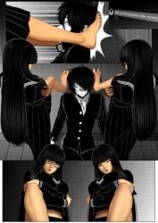 2girls asian asian_female barefoot black_hair black_nails crossed_arms feet female female_only glasses kidetic kusujinn looking_at_viewer oc original_character school_uniform tagme tied_to_twins