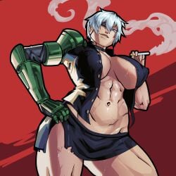 akame_ga_kill! athletic athletic_female big_breasts blue_eyes breasts busty equinox006 erect_nipples eyepatch female female_focus female_only hourglass_figure najenda_(akame_ga_kill!) navel pinup pinup_pose standing tagme tomboy toned toned_female white_hair wide_hips