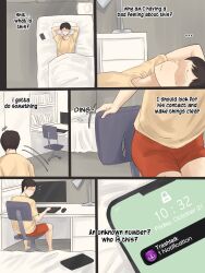 1boy computer english_text hard_translated highres laliberte male original original_character phone text_message translated