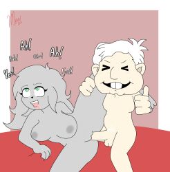 age_difference ahe_gao amlo andres_manuel_lopez_obrador animal_humanoid anthro balls bangs blush canid canid_humanoid canine canine_humanoid closed_eyes duo female fur genitals gesture green_eyes grey_body grey_fur hair hands_behind_back hi_res human human_on_anthro humanoid interspecies looking_pleasured male male/female mammal mammal_humanoid mew_arts nipples older_male open_mouth pale_skin penetration penile penile_penetration penis_in_pussy raised_leg simple_background smile smiling_at_viewer spread_legs spreading teeth thumbs_up vaginal_penetration white_hair wolf_humanoid